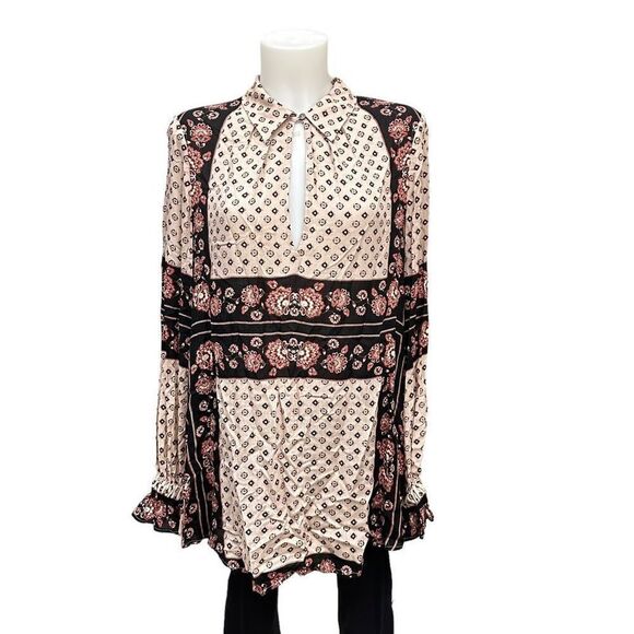 FREE PEOPLE Changing Times Floral Print Keyhole Neckline Longsleeve Tunic sz S - Picture 2 of 7